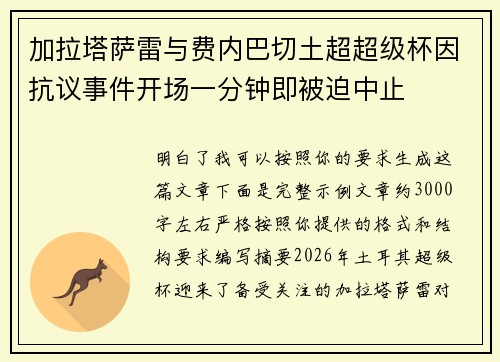 加拉塔萨雷与费内巴切土超超级杯因抗议事件开场一分钟即被迫中止