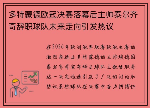 多特蒙德欧冠决赛落幕后主帅泰尔齐奇辞职球队未来走向引发热议
